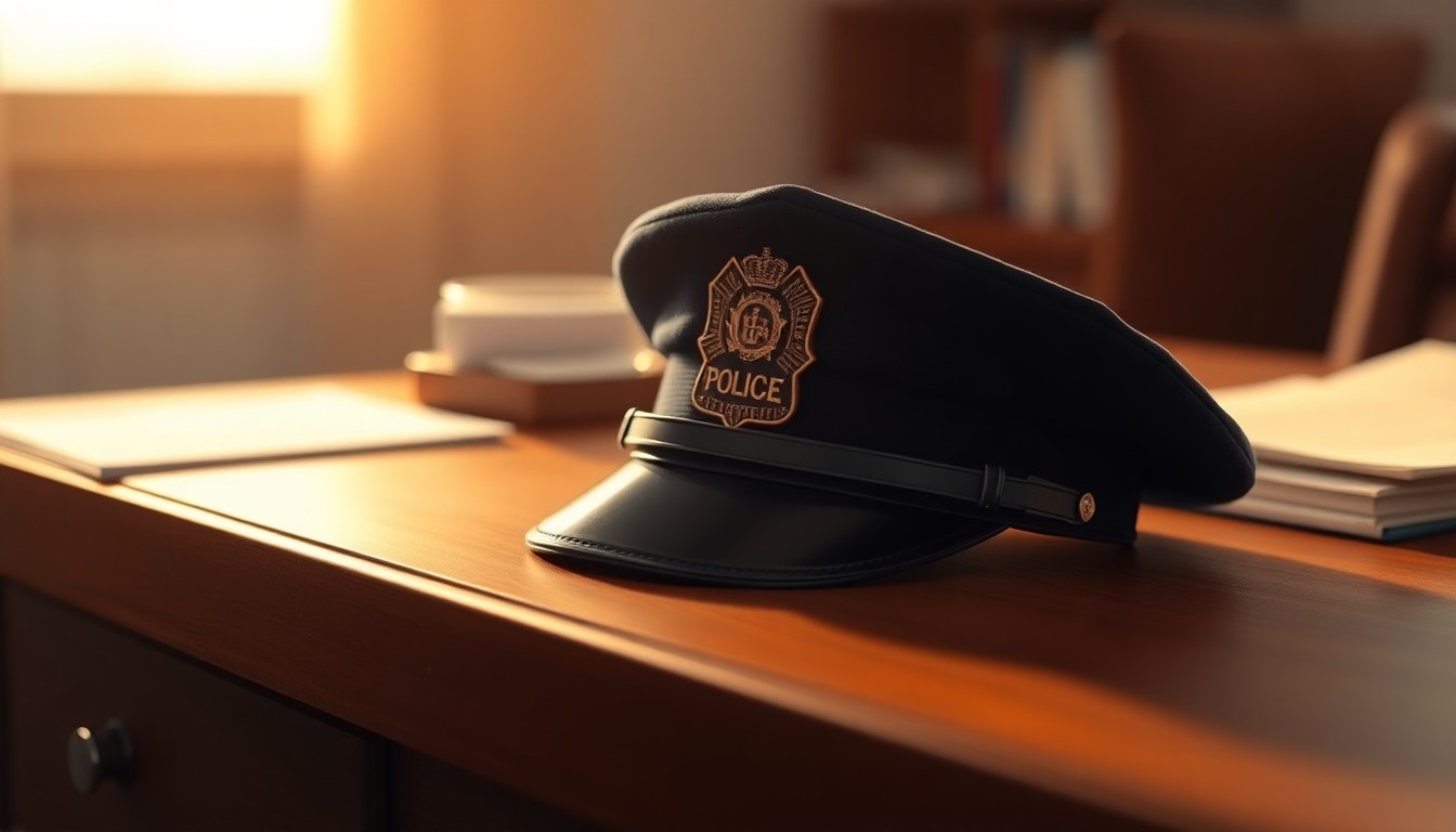 A blurred, impressionistic photograph of a police uniform cap and badge resting on a wooden surface, conveying the quiet contemplation of a long career in law enforcement coming to an end.