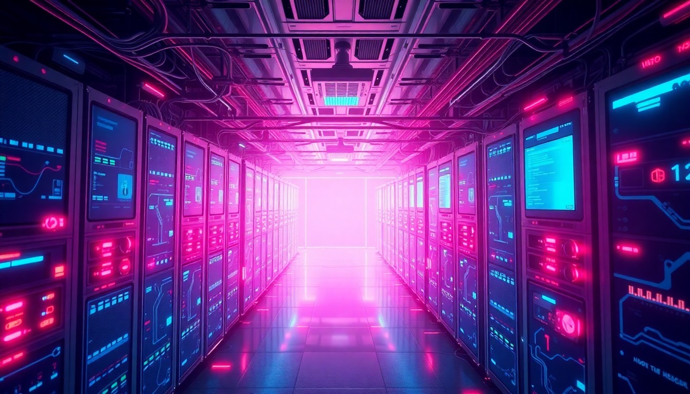 A highly detailed, glowing 3D illustration of a complex network of servers, cables, and cybersecurity infrastructure, bathed in a moody palette of deep blues, purples, and reds, conceptually representing the digital backbone of a modern hospital under attack.