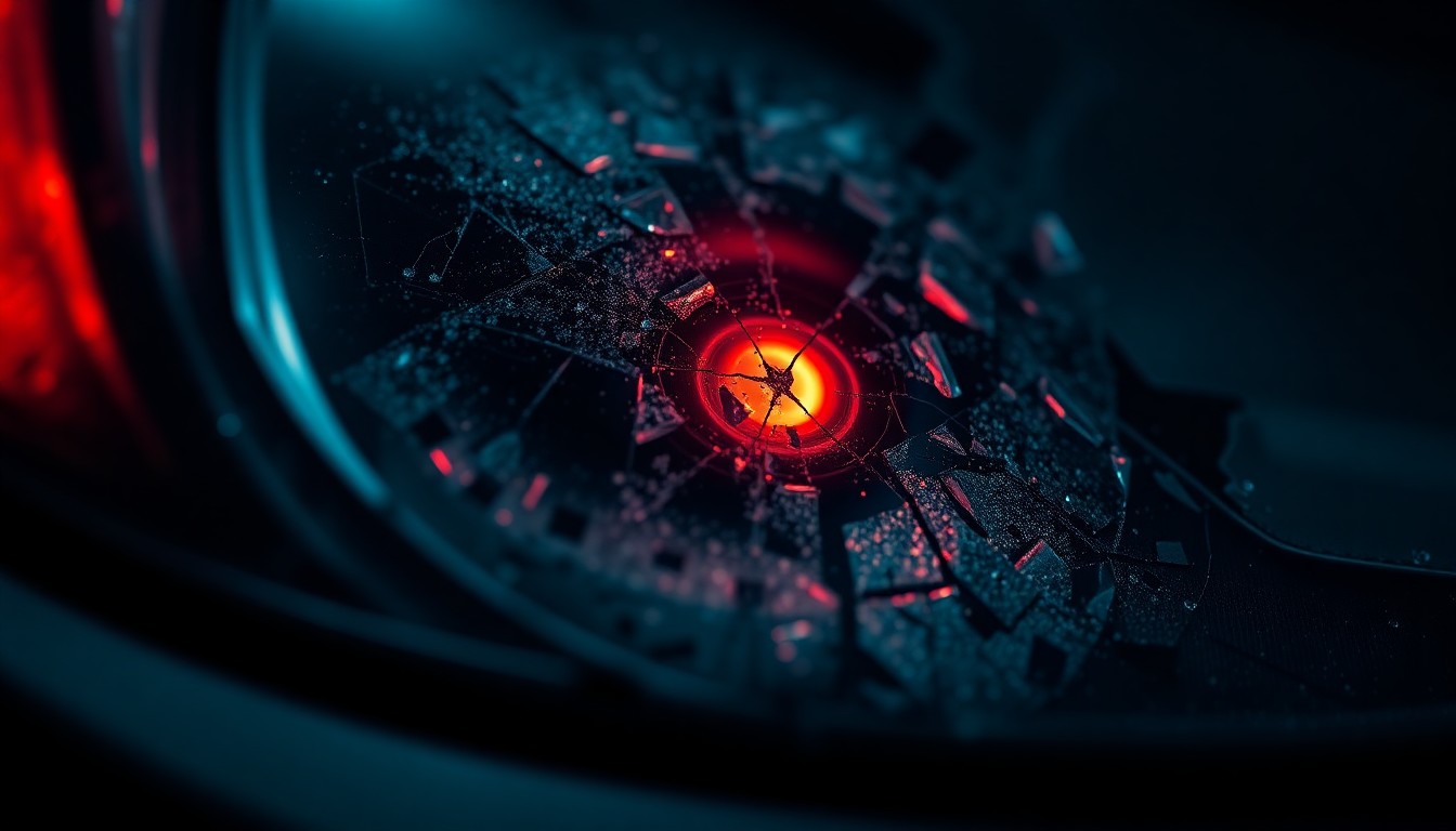 An extreme close-up photograph of a shattered car sensor lens reflecting a faint red light, conceptually representing the tragic consequences of reckless driving.