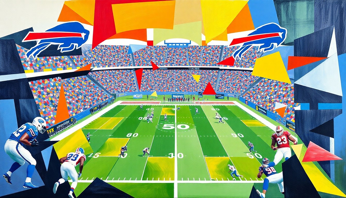 A cubist, geometric painting depicting a fragmented, abstracted football game, with players and the field broken down into angular, colorful shapes, representing the Bills' offense and lack of offensive draft capital.