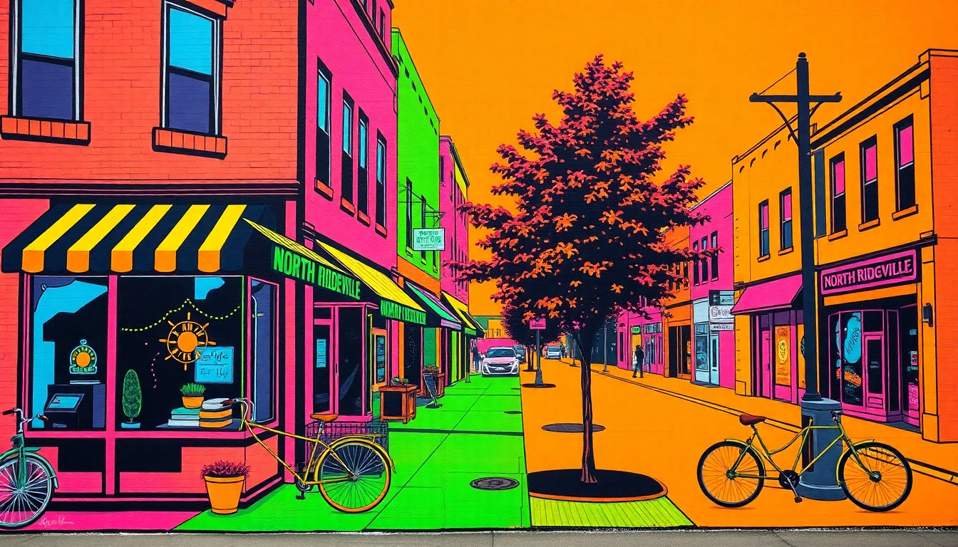 A colorful, abstract silkscreen illustration featuring repeated iconic elements of a North Ridgeville street scene, such as a coffee shop, a bicycle, and a tree, rendered in a bold, pop art style.