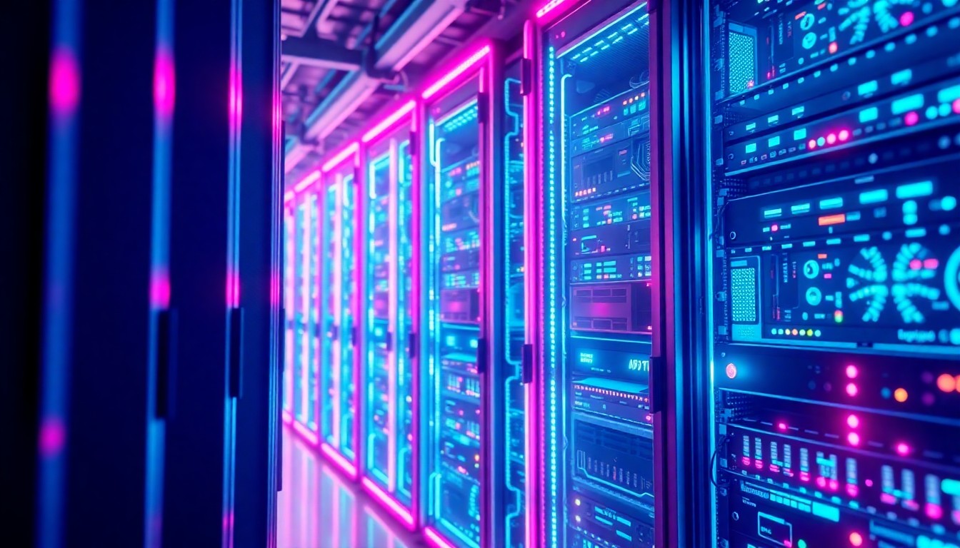 A highly detailed 3D illustration of a glowing, futuristic-looking AI server rack or data center infrastructure, bathed in neon cyan and magenta lights, conceptually representing the complex technological systems behind AI language models.