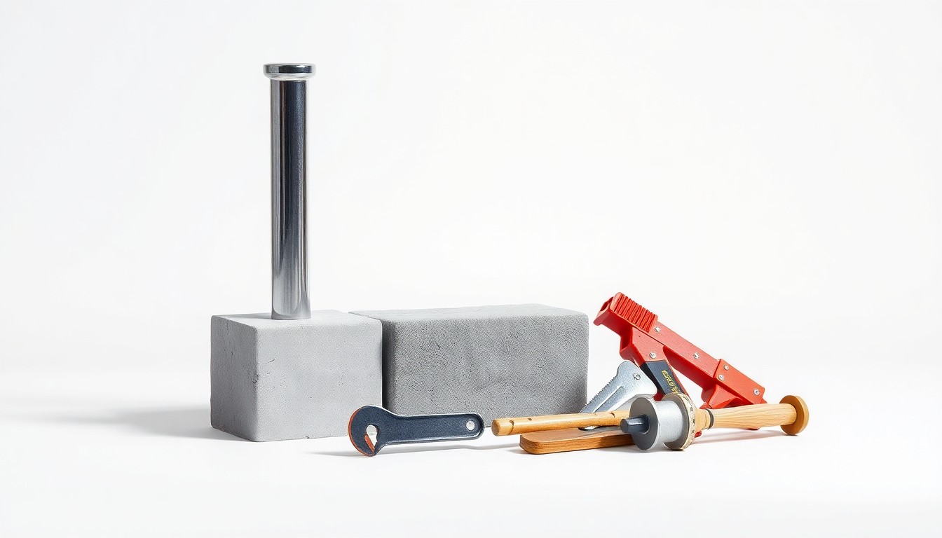 A photorealistic studio still life featuring a polished chrome bridge support column, a concrete block, and construction tools arranged on a clean white background, conceptually representing the infrastructure investment and civic improvement of the Route 16 bridge replacement.