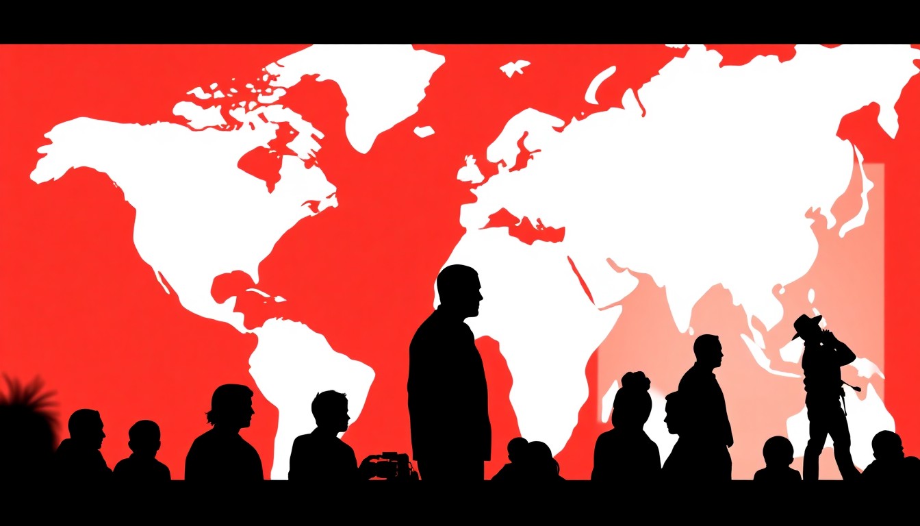 A striking abstract illustration featuring bold black silhouettes and high-contrast solid colors, conceptually representing the diverse range of films and global perspectives showcased at the Cleveland International Film Festival.