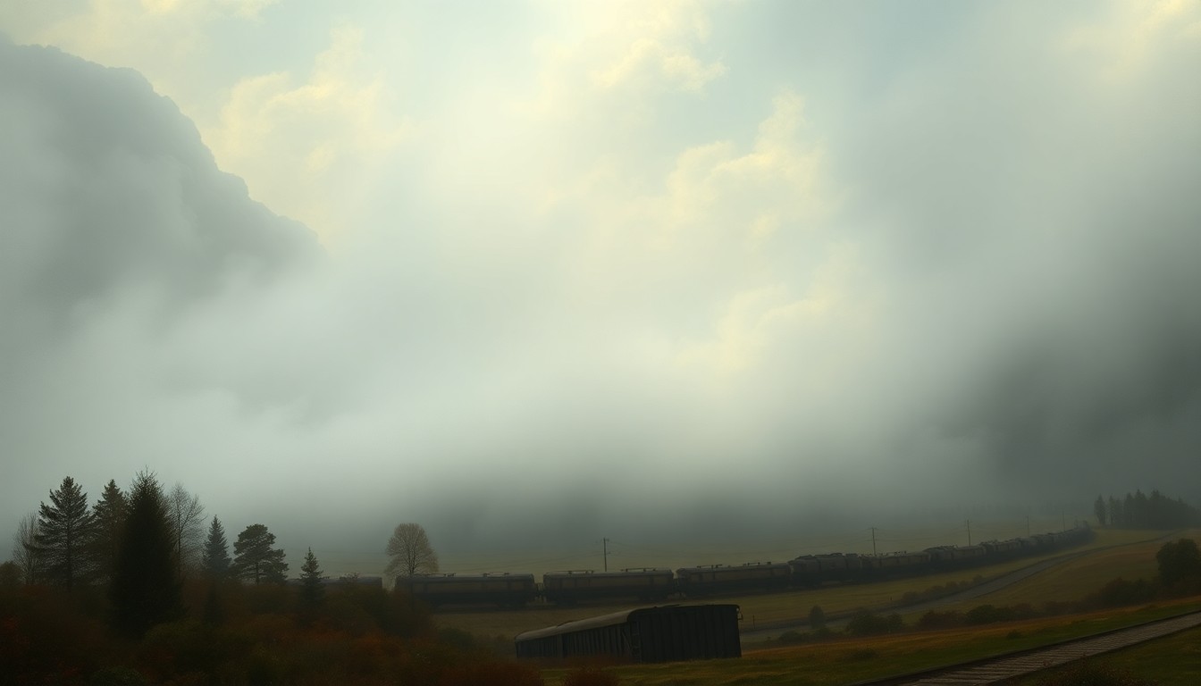 A sweeping, atmospheric landscape painting depicting a partially obscured train derailment, with the damaged cars and spilled cargo dwarfed by the vast, moody sky and distant horizon.