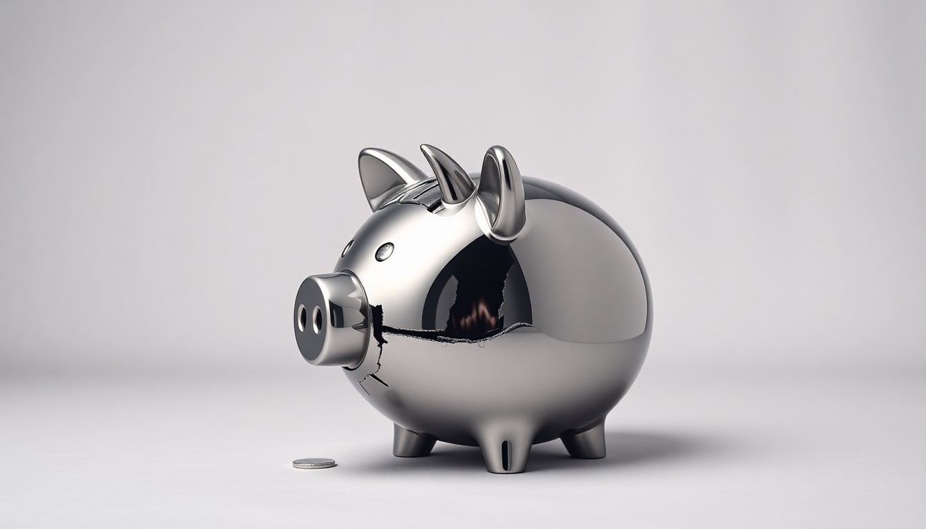 A high-end, photorealistic studio still-life photograph featuring a shattered chrome piggy bank on a clean, monochromatic background, symbolizing the financial losses of Driven Brands investors.