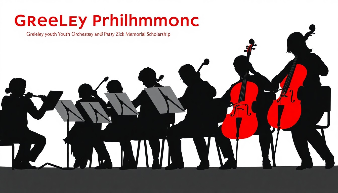 An abstract composition using bold black shapes and high-contrast colors to represent the Greeley Philharmonic Youth Orchestra's spring concert and the Patsy Zick Memorial Scholarship.