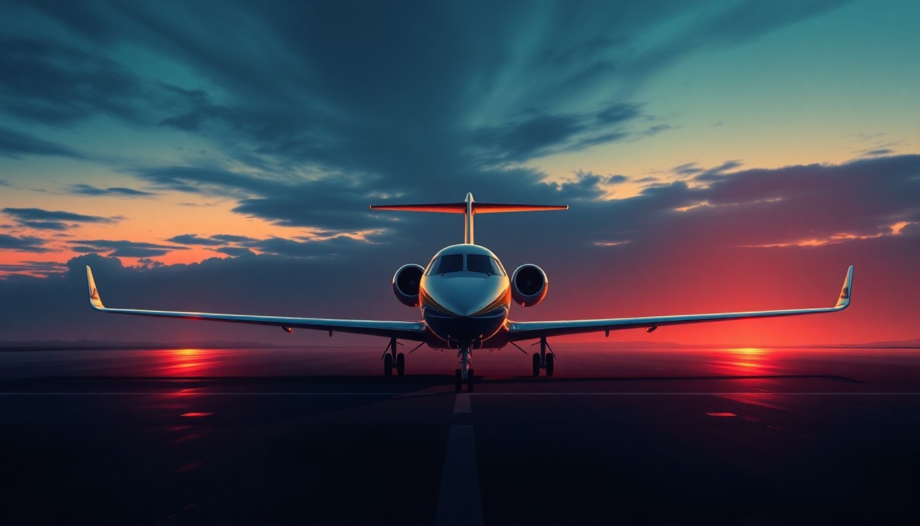 A serene, cinematic painting of a private jet sitting alone on a tarmac, the aircraft's sleek lines and metallic surfaces reflecting the warm, golden light of the setting sun. The scene evokes a sense of exclusivity and privilege, highlighting how the tax law's benefits have disproportionately favored the wealthy.