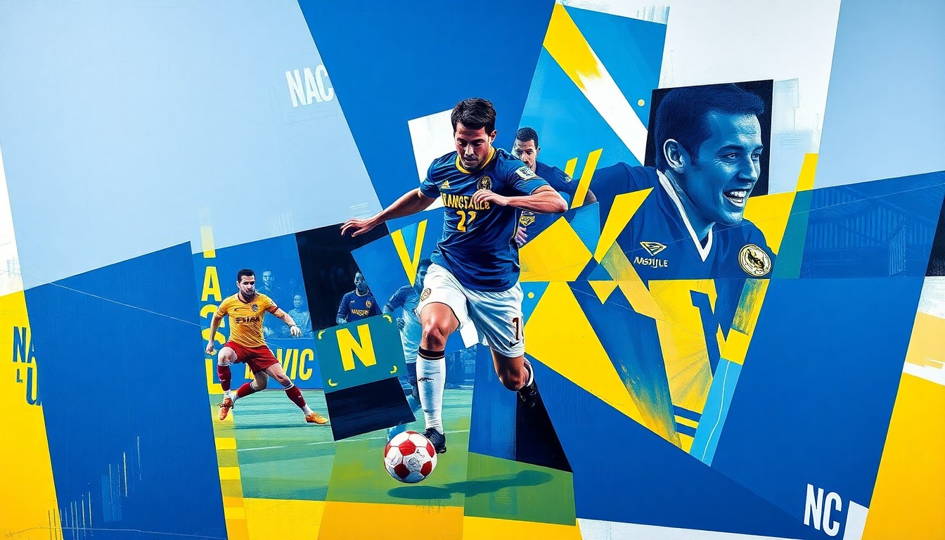 A cubist, geometric painting depicting the dynamic action of a Nashville SC soccer match, with sharp, overlapping planes of navy blue, gold, and white representing the team's colors and the fractured, multi-perspective nature of the sport.