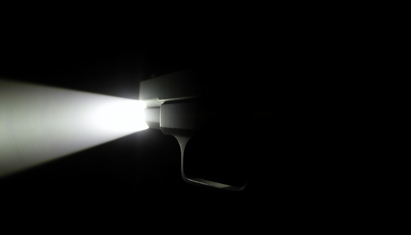 An extreme close-up photograph of a handgun trigger and trigger guard, lit by a harsh, direct camera flash against a pitch-black background, conceptually illustrating the threat of gun violence in the local community.