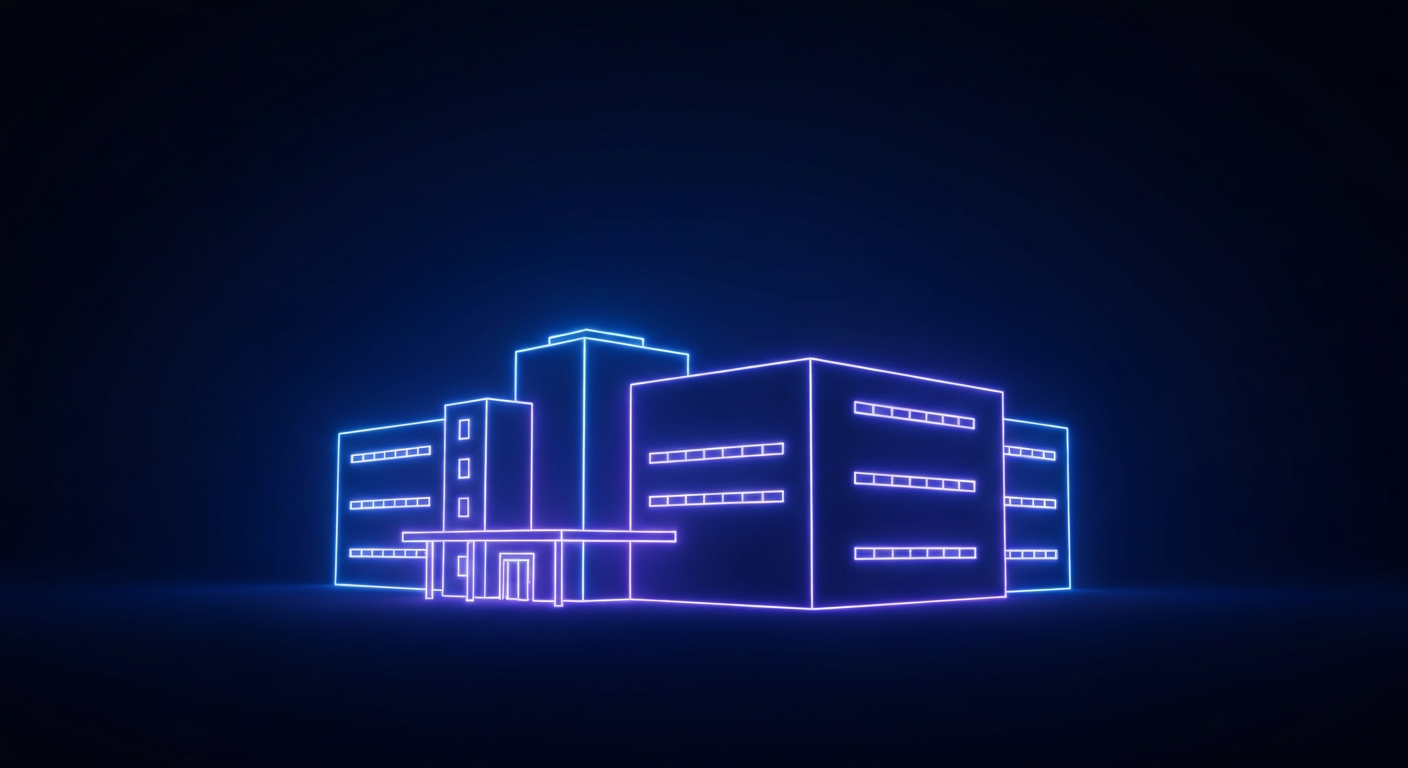 A minimalist, glowing neon outline of a hospital building, emphasizing the structure's shape and energy against a dark background, conceptually representing the transformation of rural healthcare in Iowa.