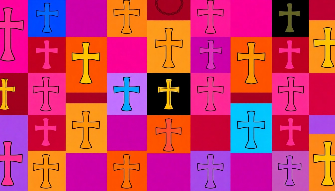 A brightly colored, high-contrast silkscreen print of a single, iconic religious object such as a cross or communion cup, repeated in a tight grid pattern in the style of Andy Warhol, conceptually representing the powerful gospel message at the heart of the Messiah production.
