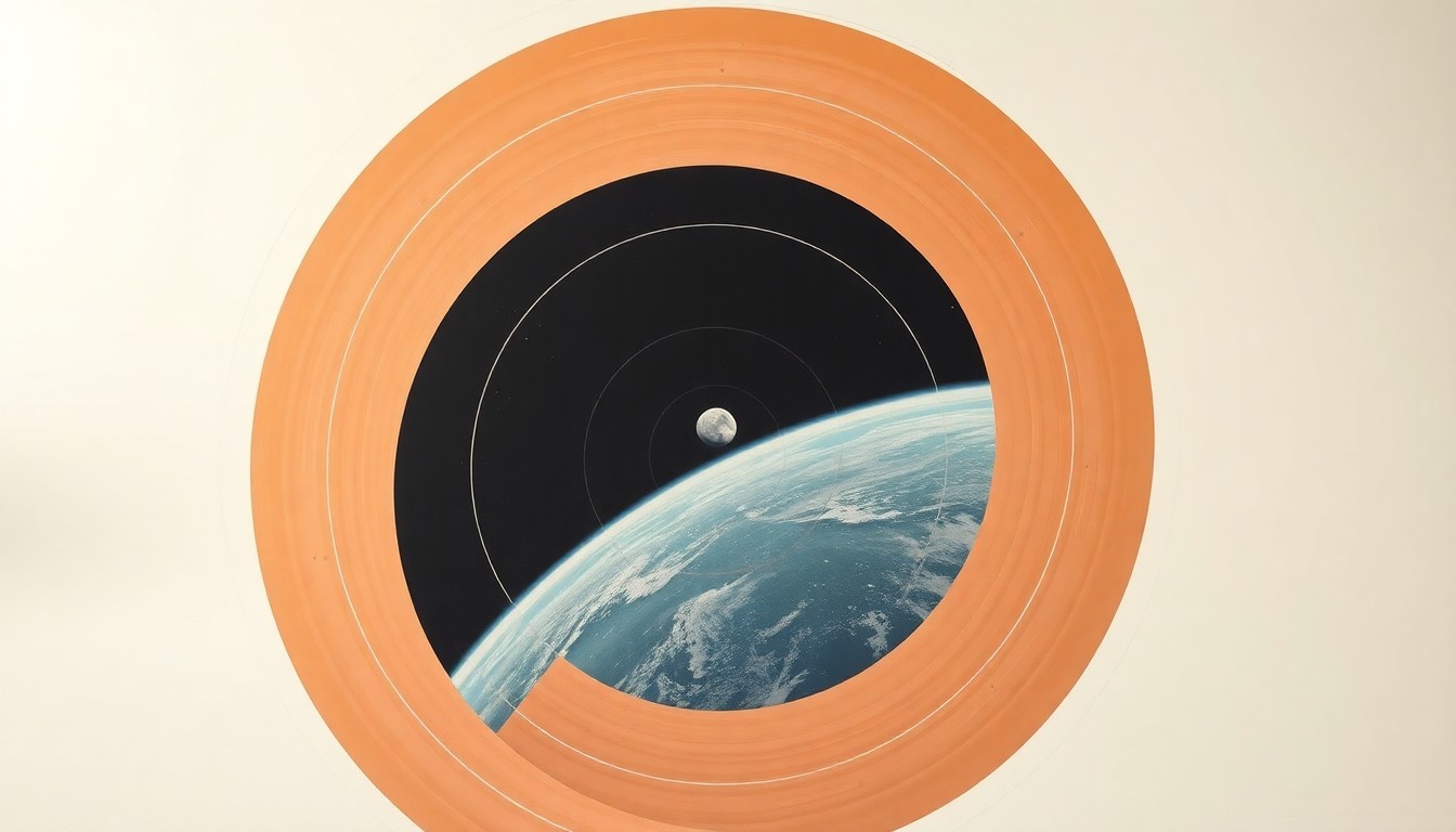 A bold, abstract painting in soft blues, greens, and grays, depicting the sweeping, geometric trajectory of the Orion spacecraft as it orbits the Moon and returns to Earth, conveying the structural order and precision of the mission.