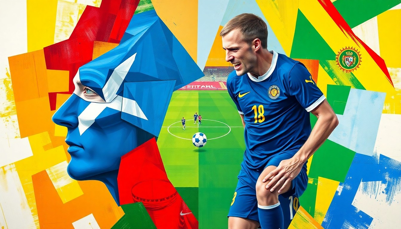 A cubist, geometric painting depicting a fragmented, multi-angled view of a football match, with the vibrant colors of the Scottish and Bolivian national team uniforms breaking down into sharp, overlapping planes.