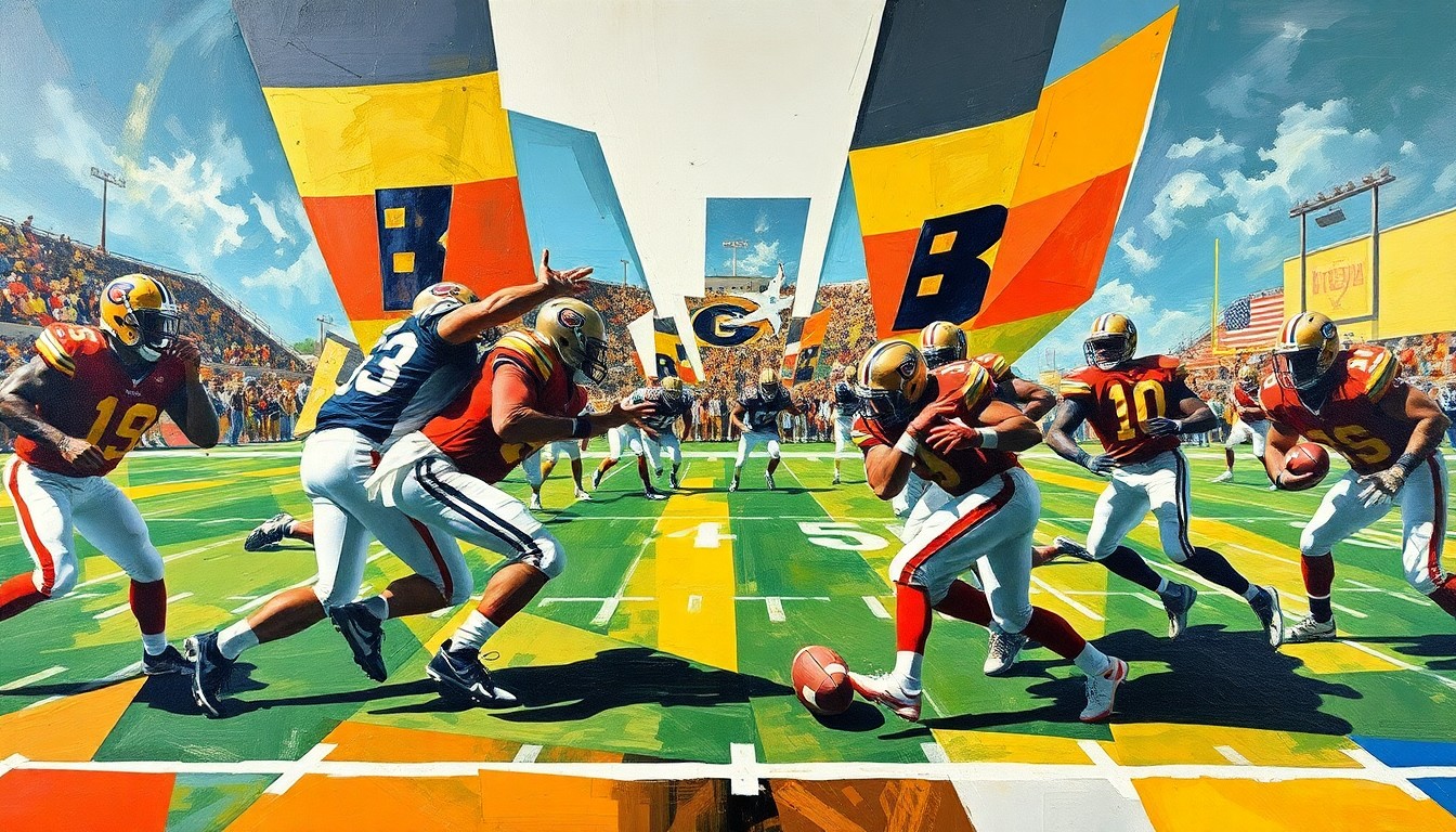 A cubist, geometric painting depicting the abstracted shapes and planes of football players and equipment in motion, conveying the energy and dynamism of spring practice.