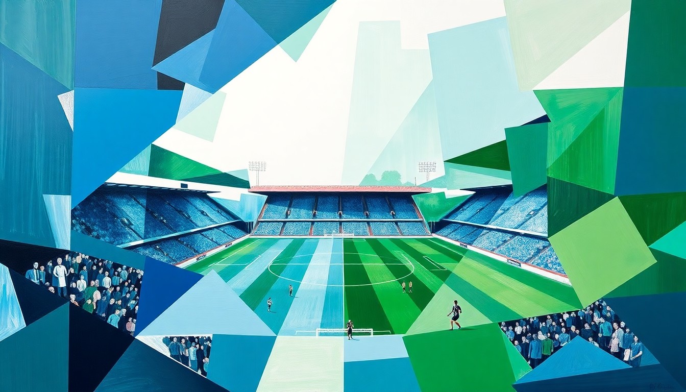 A cubist, geometric painting depicting a soccer match between two teams, with the players and field broken down into overlapping planes of blue, white, green, and other vibrant colors.