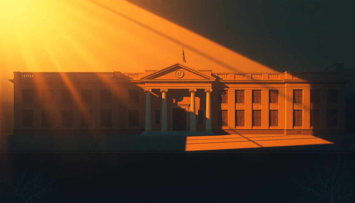 A serene, nostalgic painting of a government office building or town hall, with warm sunlight streaming through the windows and deep shadows casting a contemplative mood, conceptually representing the financial challenges facing local governments in New York.