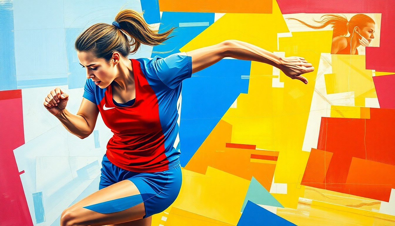 A fractured, multi-perspective painting depicting a female athlete in motion, broken down into sharp, overlapping geometric planes in vibrant colors.