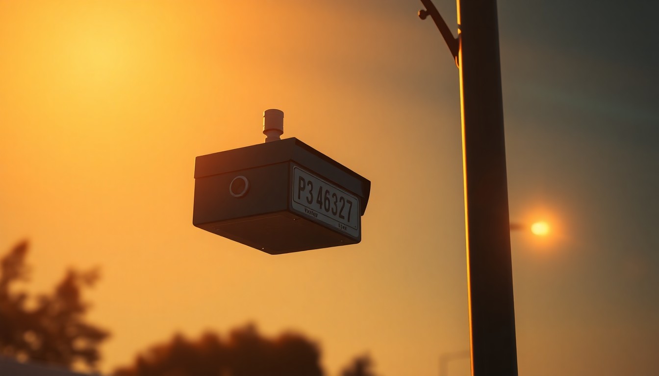 A close-up view of a license plate reader camera mounted on a streetlight pole, the device's sensors and housing casting long shadows across the pavement in the warm glow of the afternoon sun, evoking a sense of quiet contemplation about the role of surveillance technology in modern society.