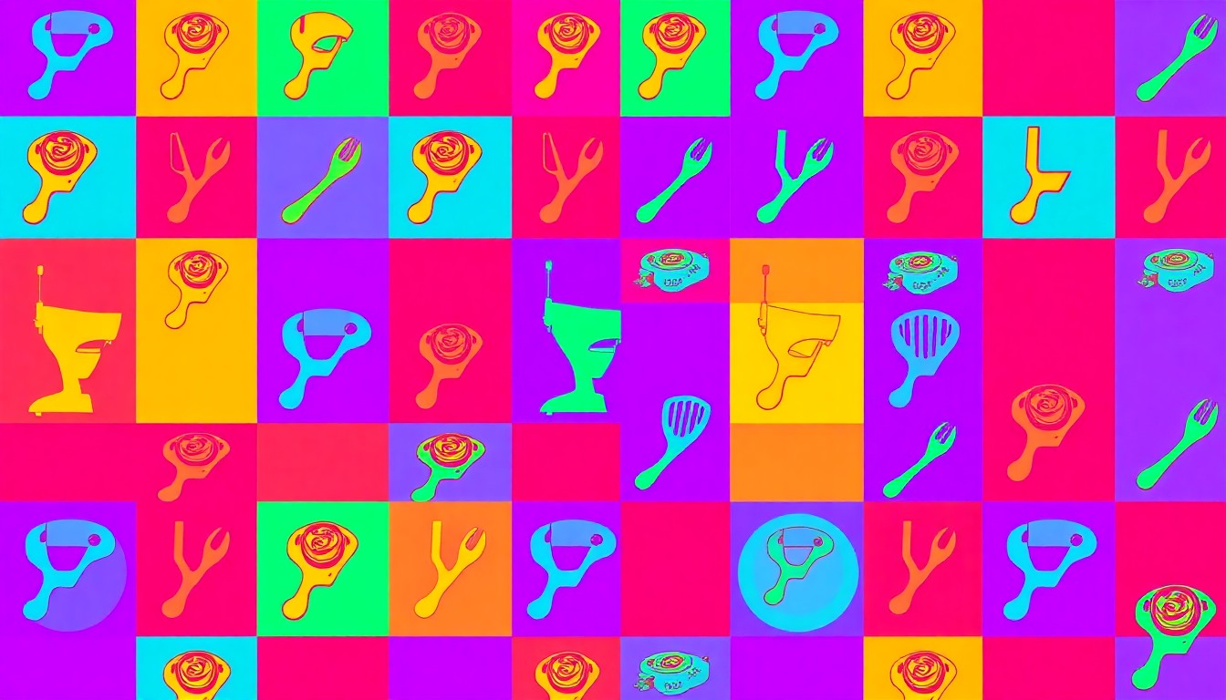 A vibrant, high-contrast silkscreen print of a cooking utensil repeated in a grid, capturing the energy and creativity of the FCCLA organization.