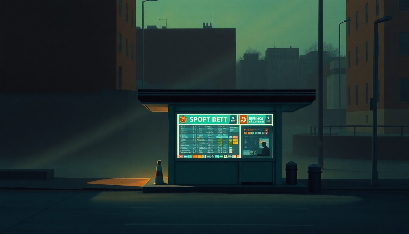 A moody, cinematic painting depicting a lone sports betting kiosk in an empty urban setting, with warm sunlight and deep shadows creating a contemplative, melancholic mood that reflects the complex social issues surrounding the expansion of legalized sports gambling.