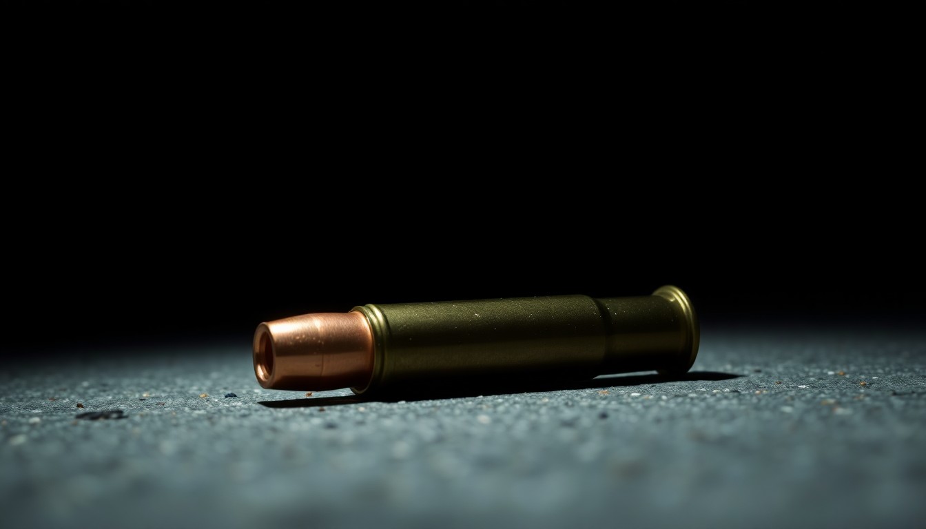 An extreme close-up photograph of a 9mm shell casing lying on a concrete surface, capturing the textural details and dramatic lighting to convey the serious, investigative nature of the crime scene.