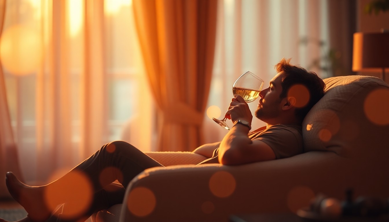 An abstract, impressionistic photograph of a person relaxing in a chair, surrounded by soft, blurred pools of warm light and color, conveying a sense of luxury and indulgence.