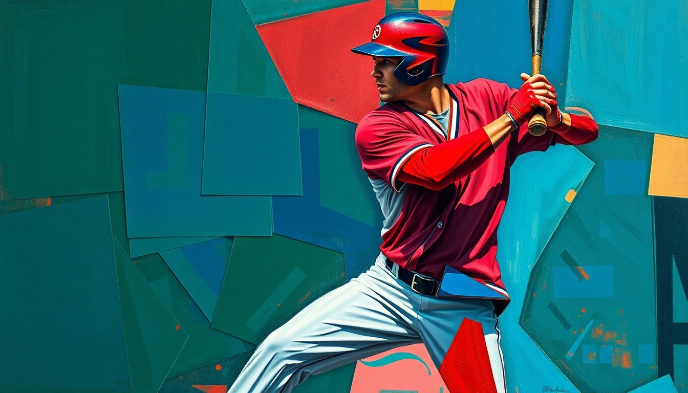 A cubist-style painting featuring fragmented, geometric shapes in bold colors that abstractly depict the motion and energy of a baseball catcher in action.
