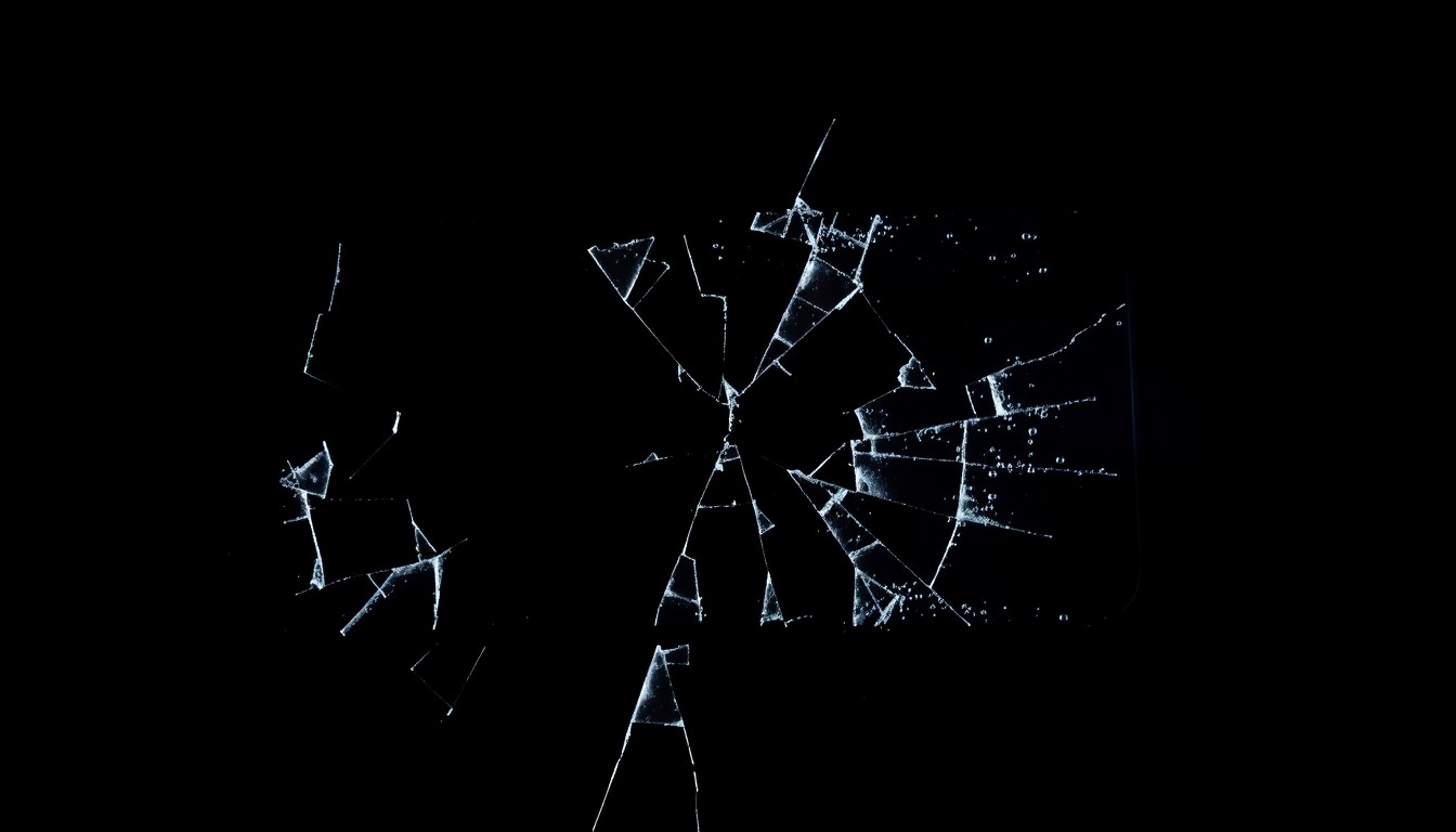 An extreme close-up photograph of a cracked smartphone screen against a pitch-black background, conceptually illustrating the dangers of distracted driving through the damaged device.