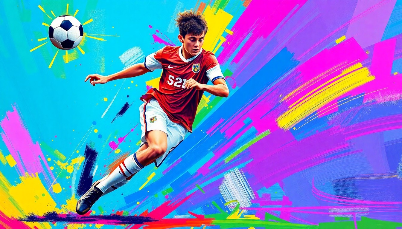 An abstract painting with rapid, expressive brushstrokes in neon colors, conceptually representing the athletic passion and personality of a high school soccer player.