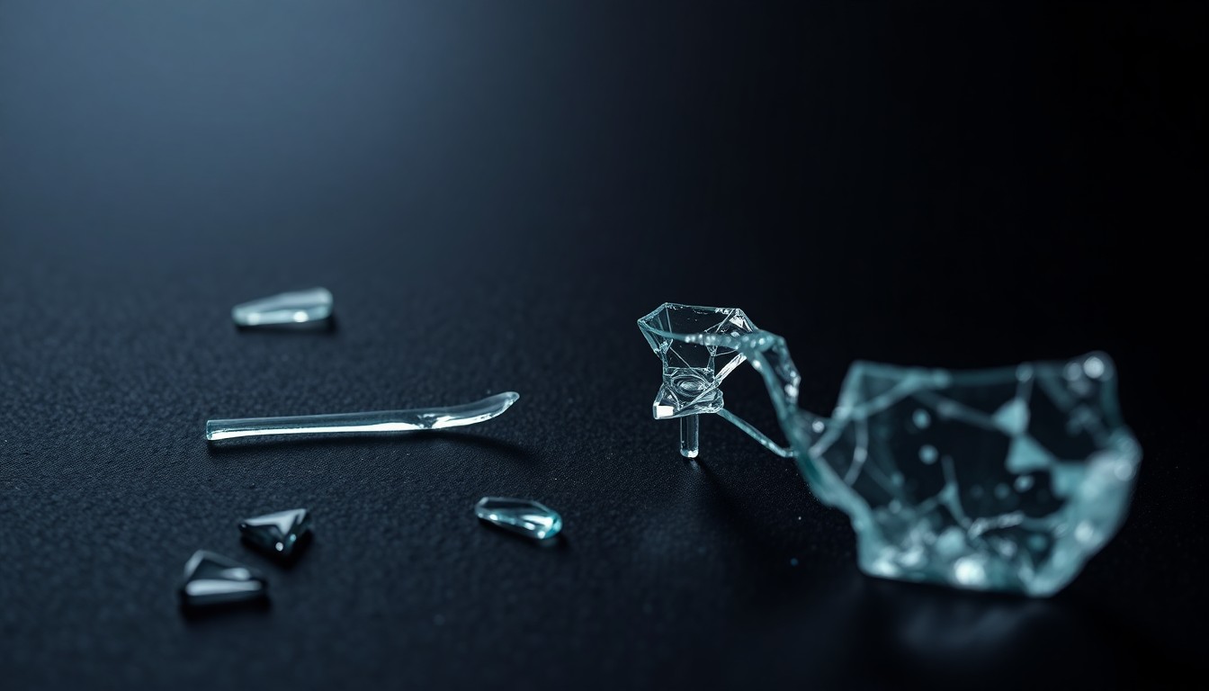 An extreme close-up photograph of a broken glass shard on a dark surface, conceptually representing the assault weapon used in this crime.