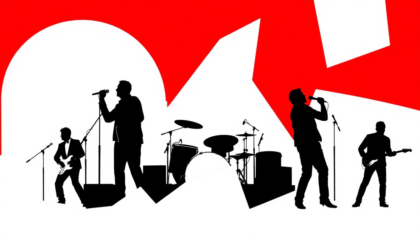 A bold, abstract illustration featuring jagged geometric shapes and stark black silhouettes in a high-contrast color palette, conceptually representing the diverse musical performances of the Commonwealth Concert Series.