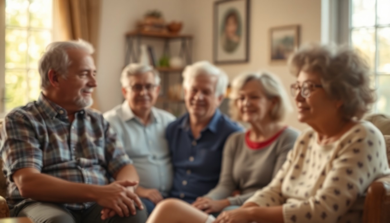 An abstract, impressionistic scene of blurred figures sitting together in a softly lit room, conveying a sense of intergenerational connection and conversation.