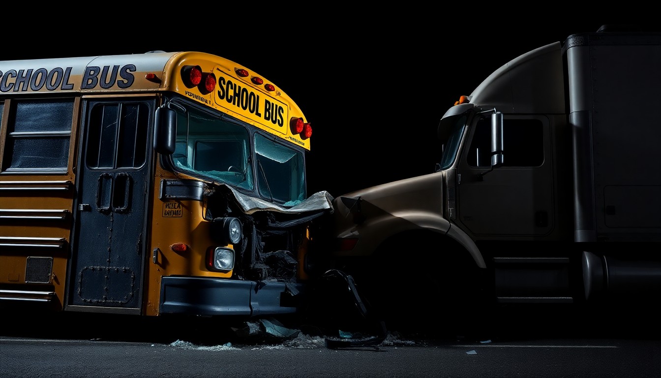 An extreme close-up photograph of the twisted, damaged metal and shattered glass of a school bus and truck after a collision, capturing the stark, gritty aftermath of the accident without depicting any violence or victims.