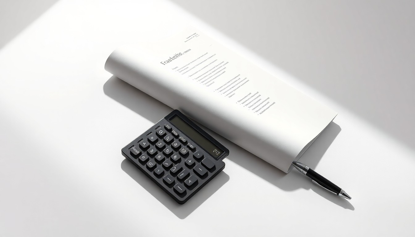 A photorealistic studio still life featuring a stack of financial documents, a calculator, and a pen arranged on a clean white background, conveying the abstract corporate strategy and finance at the center of the Snowflake securities lawsuit.
