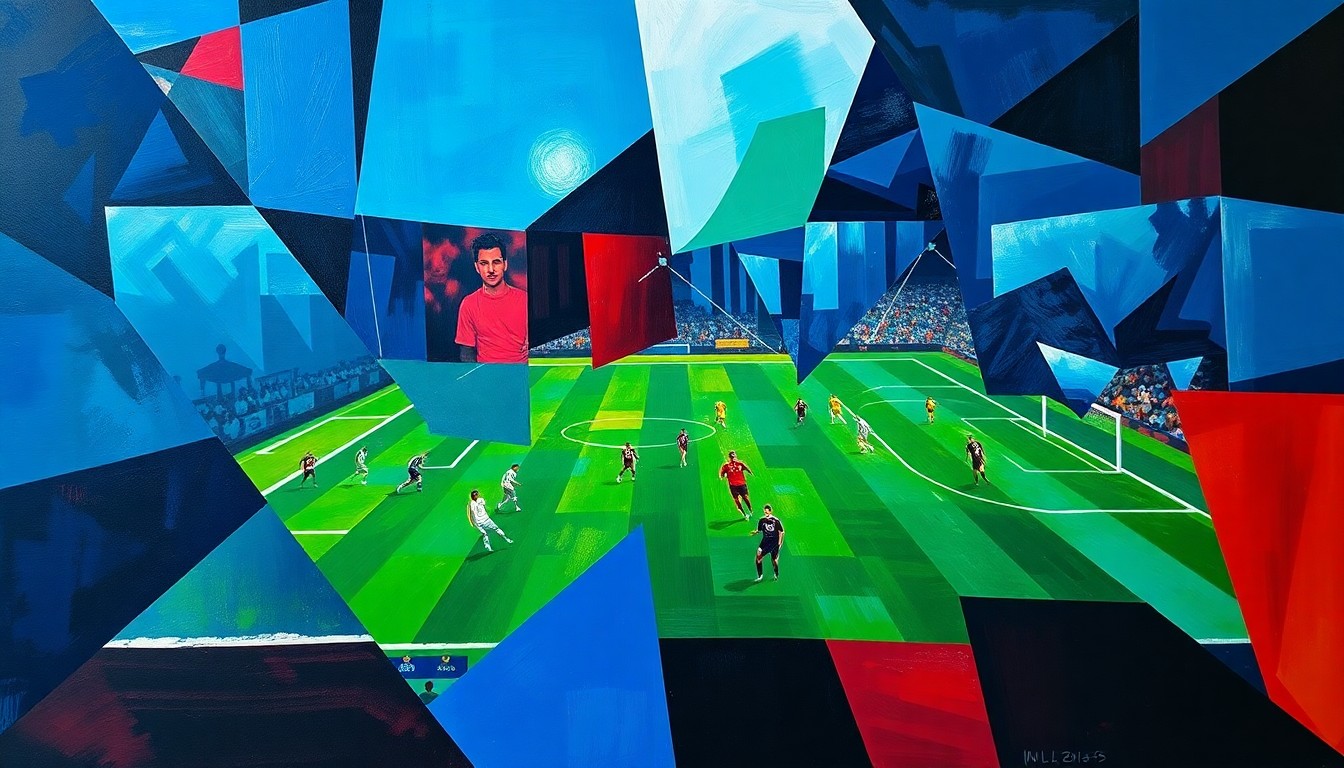 A fractured, cubist-style painting depicting abstracted football players and a field, with sharp geometric shapes in a vibrant color palette of blues, greens, and reds, conveying the raw emotion and energy of an athletic competition.