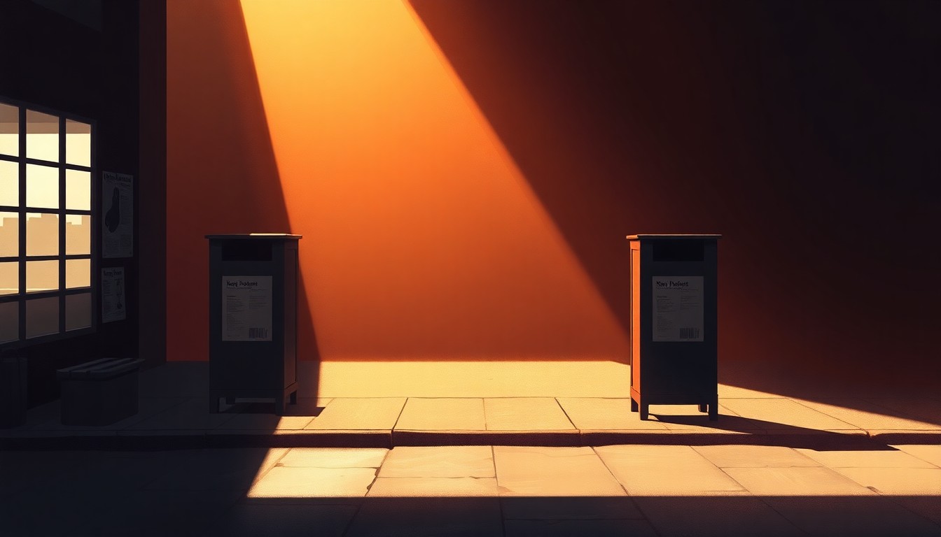 A serene, nostalgic painting of a lone newspaper stand or newsbox on a city street, its surfaces reflecting warm, golden light and deep shadows, conveying the importance of local journalism in the community.