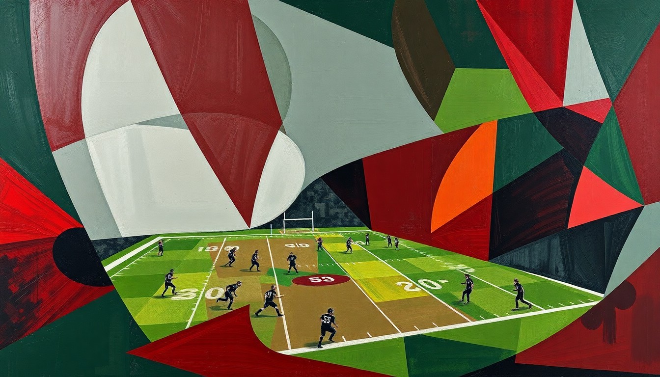 A cubist-style painting depicting a fragmented, geometric interpretation of a high school football game, with sharp planes of maroon, green, and gray hues conveying the raw energy and competitive spirit of the sport.