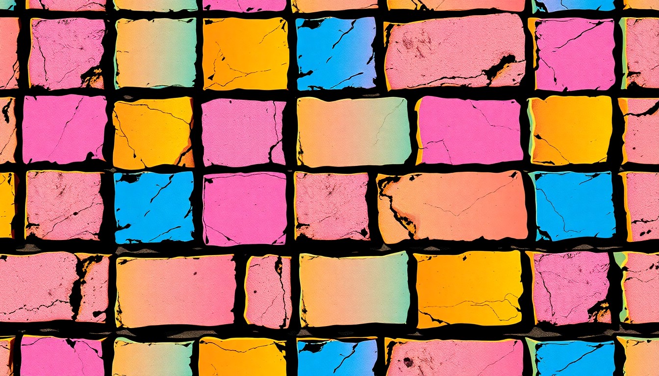 A highly stylized, abstract grid of interlocking Jerusalem stone blocks in bright neon colors, conceptually representing the sacred architectural material that will adorn the exterior of a new university building dedicated to Holocaust education and Jewish studies.