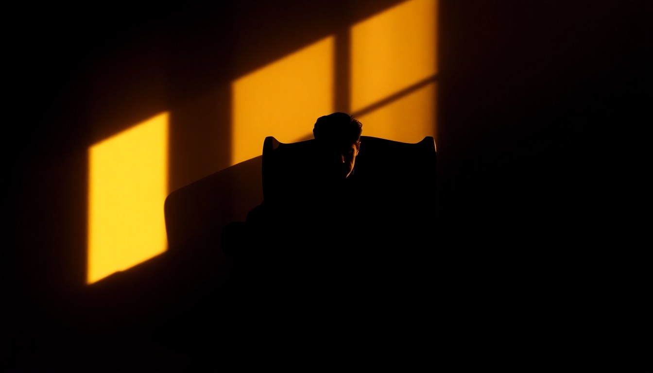 A moody, cinematic painting of a solitary figure sitting alone in a chair, the subject's face obscured in shadow, conveying a sense of isolation and melancholy.