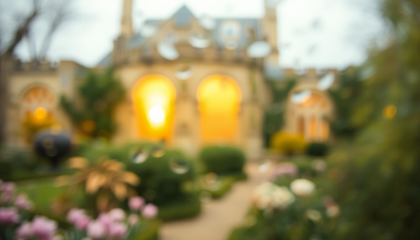 An impressionistic, out-of-focus photograph showing the soft, warm glow of a historic garden in springtime, with muted tones of green, pink, and yellow creating a dreamlike, nostalgic atmosphere.