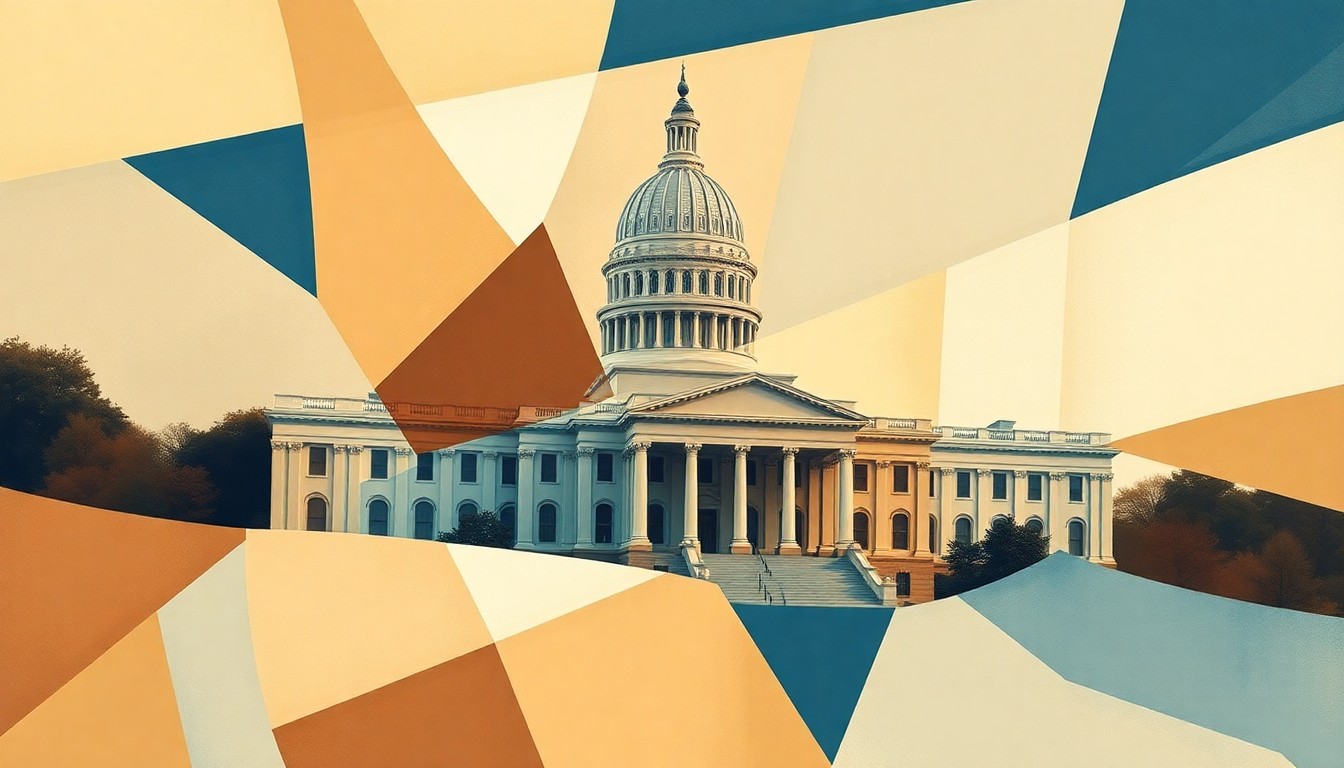 A dynamic, abstract painting featuring overlapping geometric shapes and brushstrokes in warm earth tones and cool blues, conceptually representing the fast-paced and fractured nature of the Georgia legislature's tax reform negotiations.