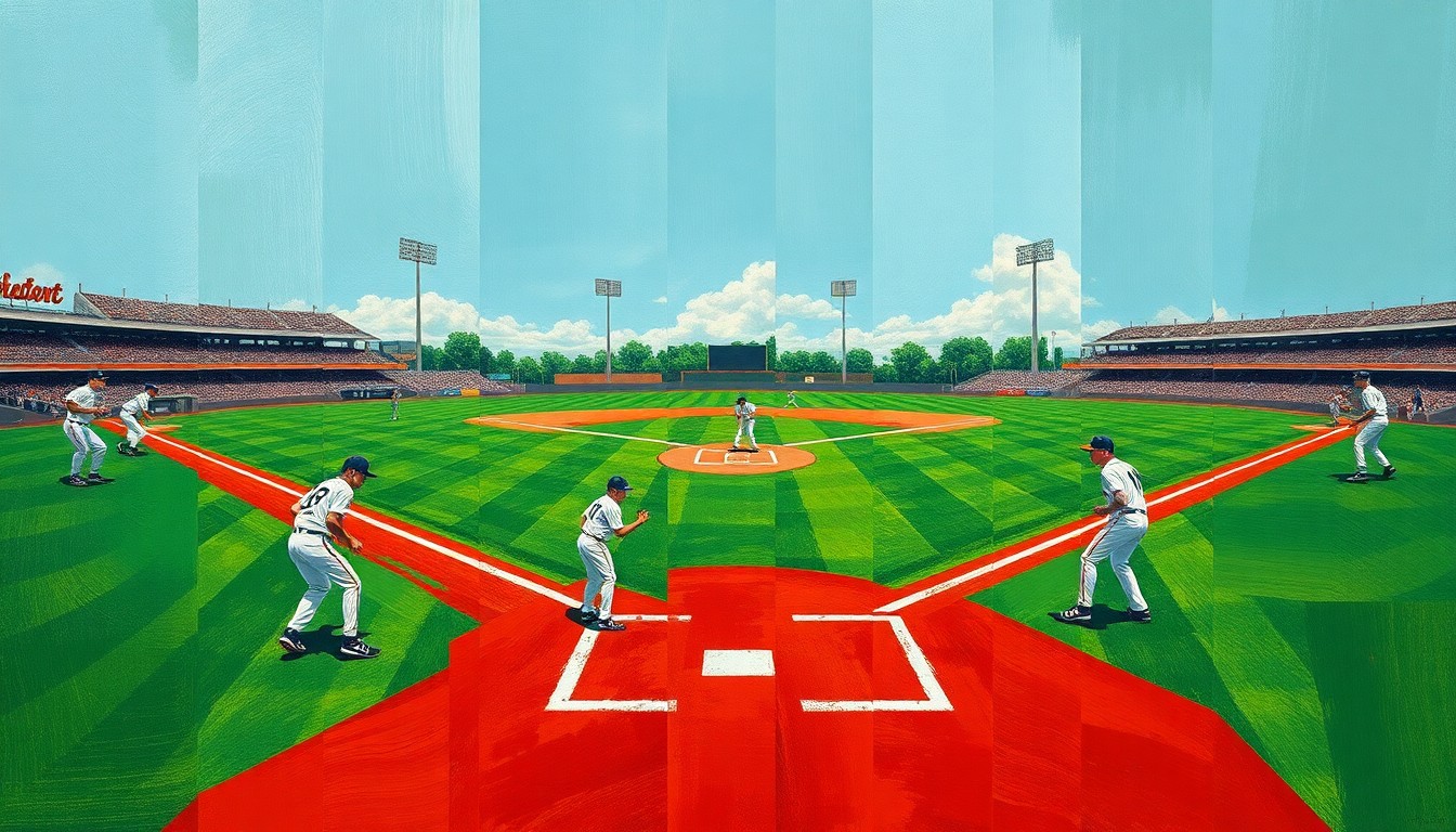 A fragmented, geometric painting depicting the dynamic action of a high school baseball game, with sharp planes of green, white, and red representing the field, uniforms, and dirt.