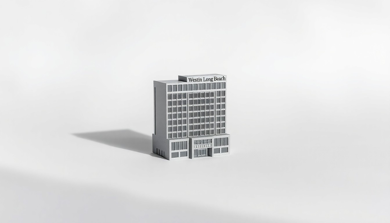 A photorealistic studio still life featuring a polished, geometric metal model of the Westin Long Beach hotel, dramatically lit to represent the abstract concepts of real estate investment and economic growth.