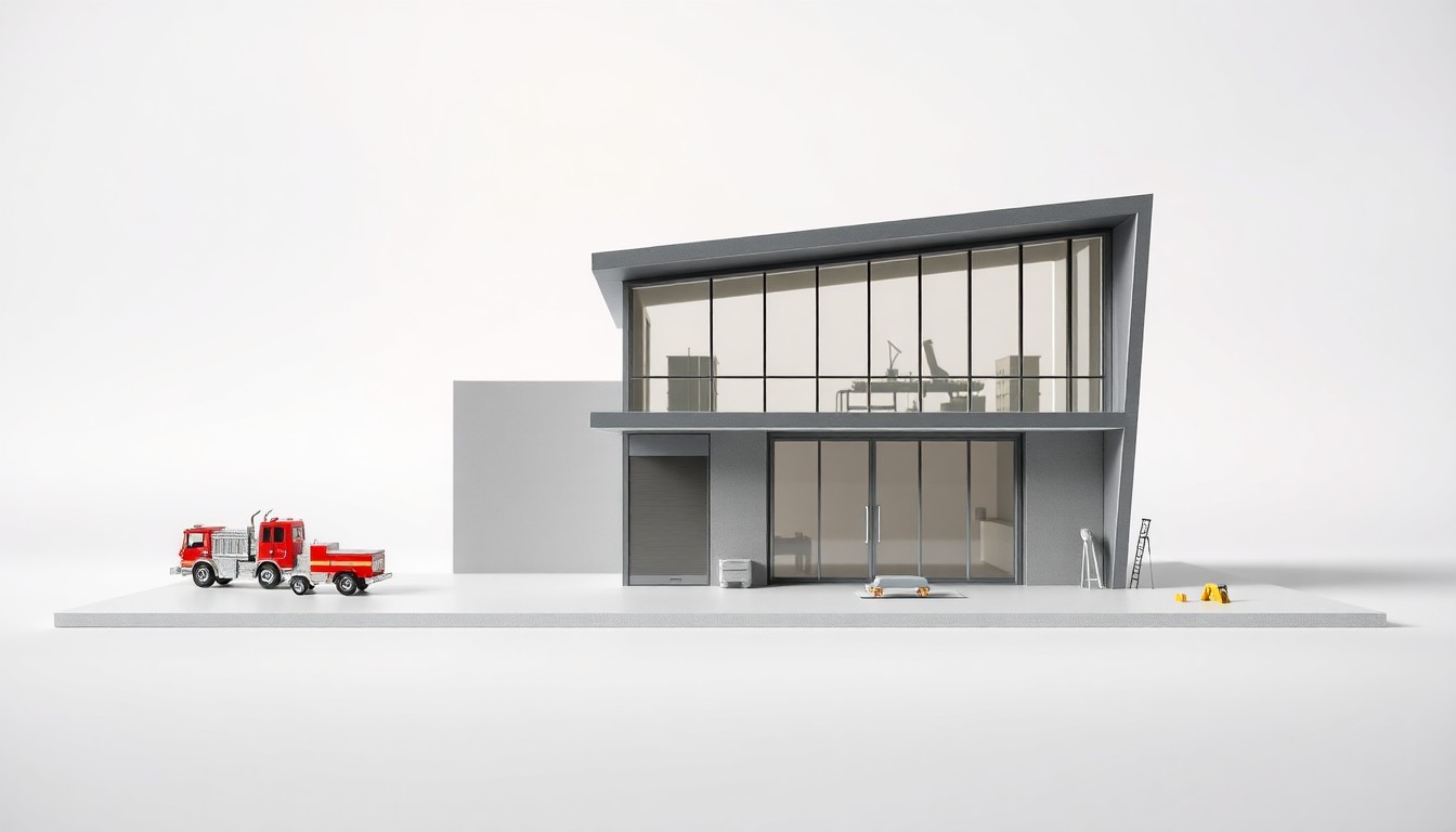 A photorealistic studio still life featuring a scale model of a modern, angular fire station facade made of polished steel and glass, along with a few small industrial tools and materials, all elegantly arranged on a clean, monochromatic background to symbolize the public safety and industrial components of the new Marine Park development.