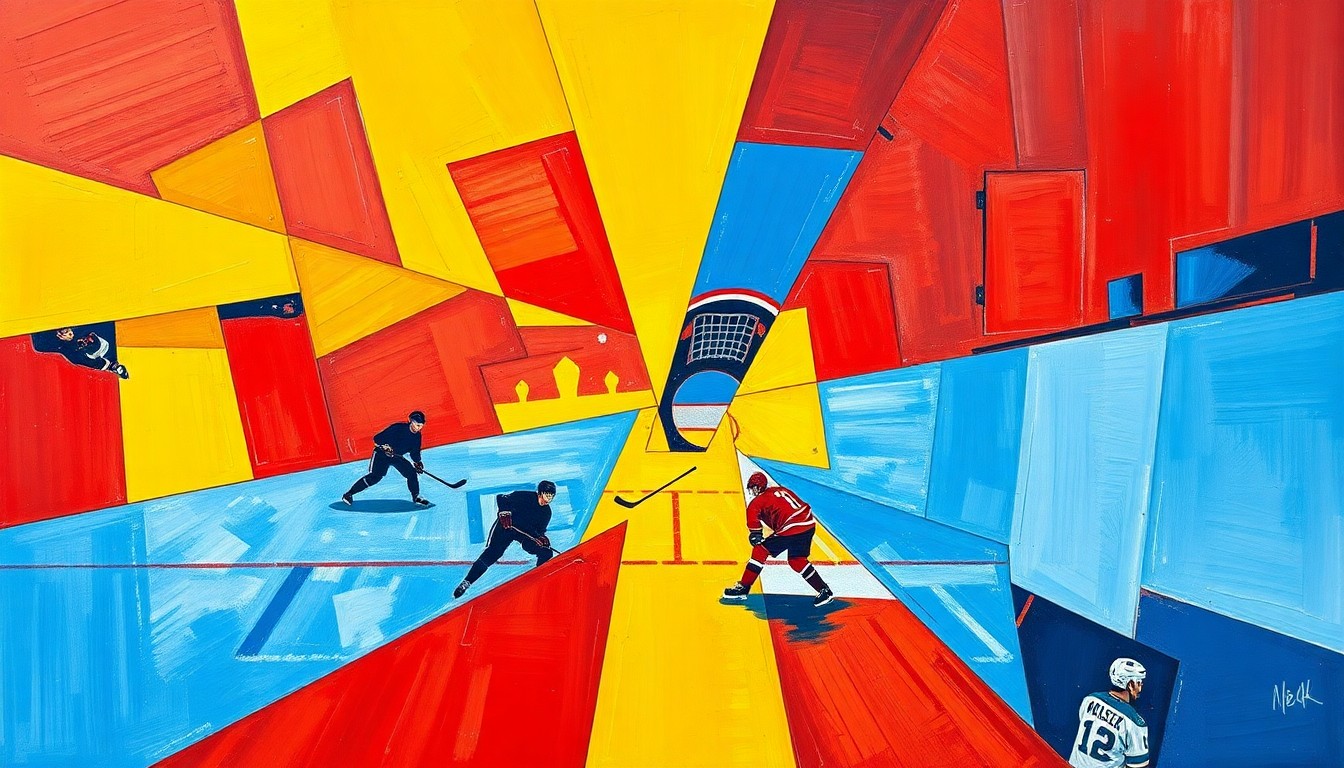 A cubist, geometric painting depicting a hockey game or match, with sharp, overlapping planes of red, yellow, and blue, capturing the raw energy and movement of the sport.