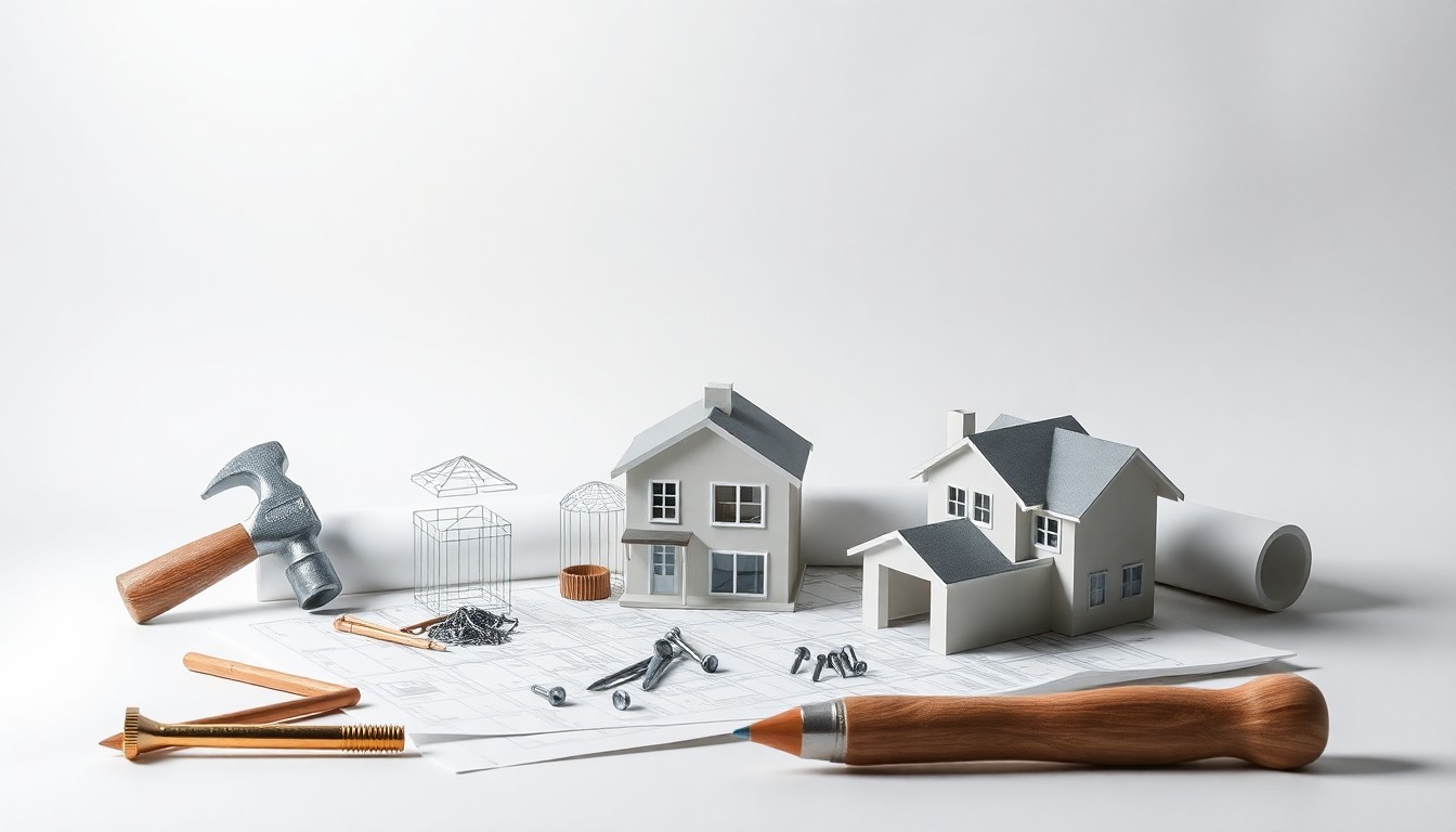 A high-end, photorealistic studio still-life photograph featuring a collection of polished, geometric objects representing the essential tools and materials needed for a home construction project, such as a hammer, nails, a blueprint, and a small model house. The objects are arranged elegantly on a clean, monochromatic seamless background using sharp, dramatic studio lighting and deep shadows to symbolize the abstract concepts of housing development, urban renewal, and community empowerment.