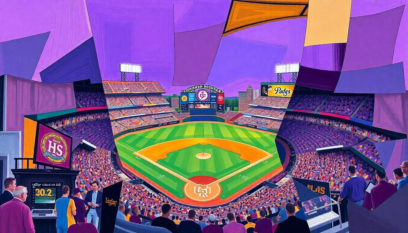 A fractured, cubist-style painting depicting a baseball game between the Colorado Rockies and San Diego Padres, with sharp geometric shapes and planes of vibrant purple, brown, and gold colors representing the teams.
