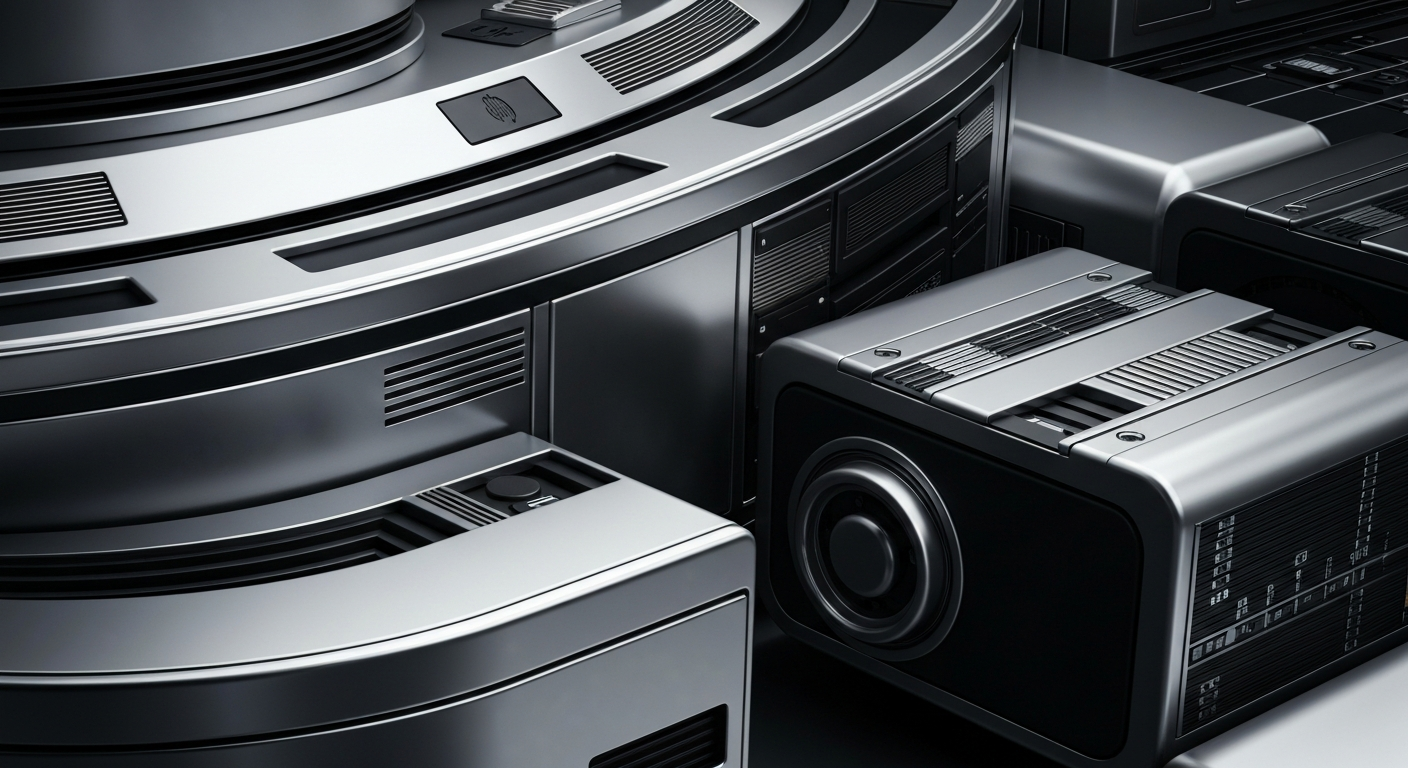 An extreme close-up of gleaming, intricate computer components and banking machinery, conveying the secure, high-tech infrastructure behind the financial industry.