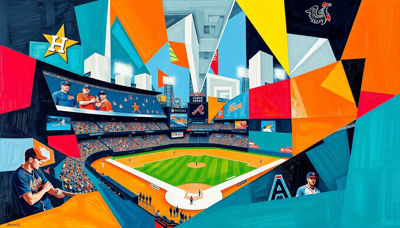 A fractured, geometric painting in vibrant colors representing different baseball teams, breaking down the sport's action into sharp, overlapping planes to conceptually illustrate the early fantasy baseball surprises and struggles.